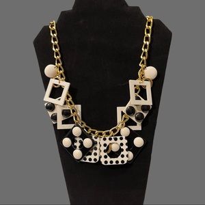 Vintage Statement Geometric Black and White Shapes Gold Tone Necklace 26” Length